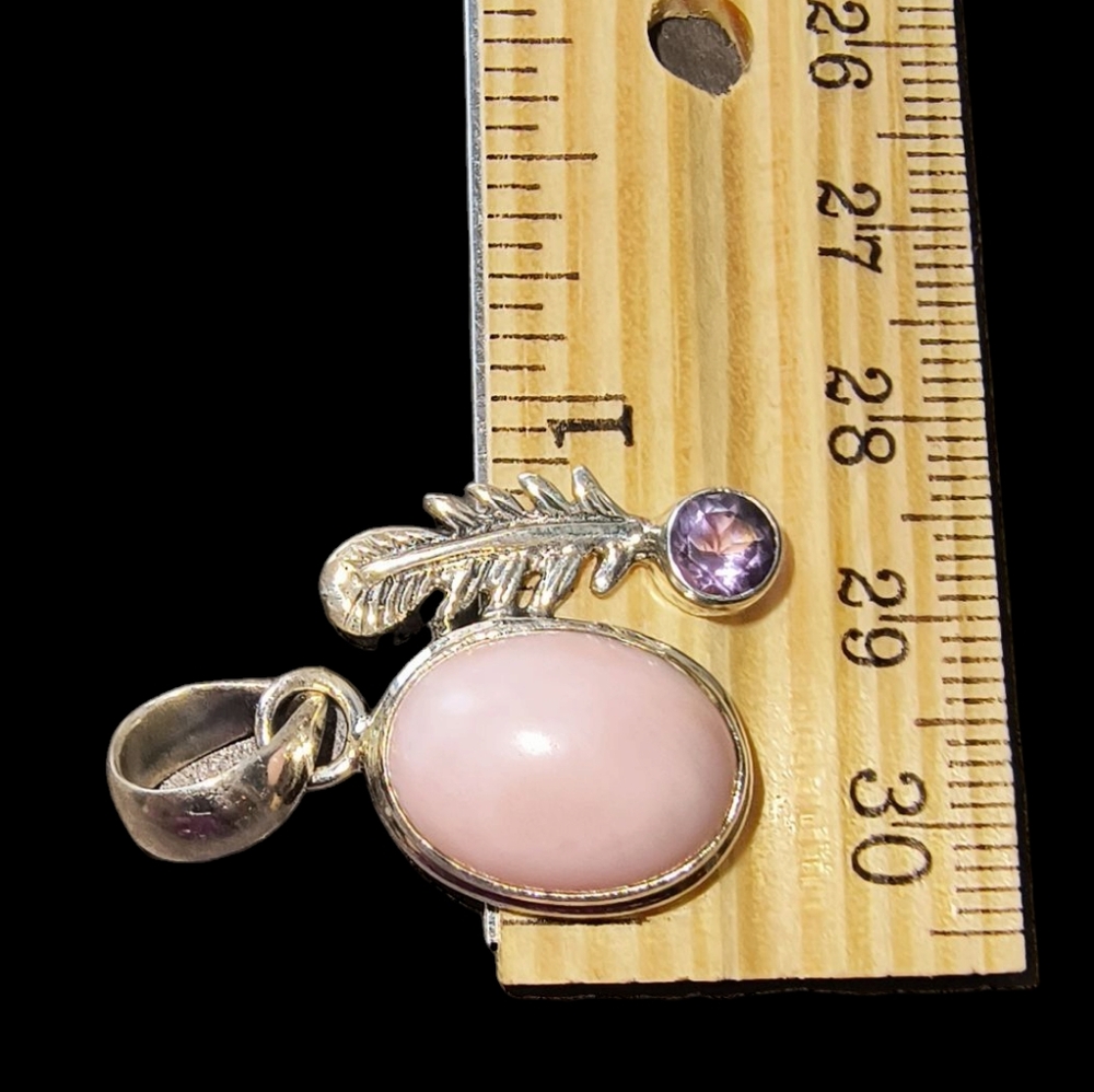 Pink Opal, Amethyst And Sterling Silver Pendant With Feather Detail - Picture 4 of 9
